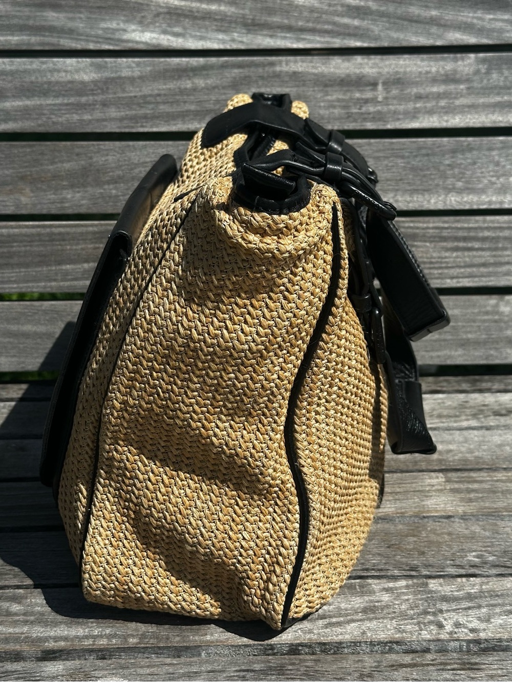 RUDSAK Straw Woven Leather Trim Tote Bag Black Flap Pocket Shoulder Purse - Picture 4 of 12